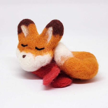 Needle Felted Fox Needle felted figure of a sleeping fox in a scarf