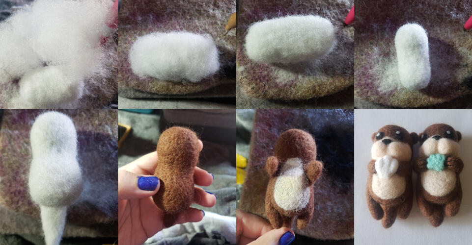 Needle Felted Otter Progress 8 process images of a ball of poly fill and wool turning into an otter.